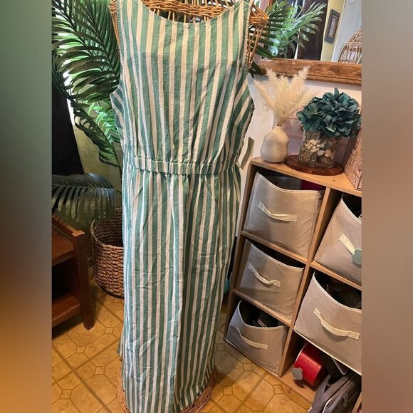 Green & White Striped Sleeveless Maxi Dress With Elastic Waist & Square Neckline - Picture 8 of 14